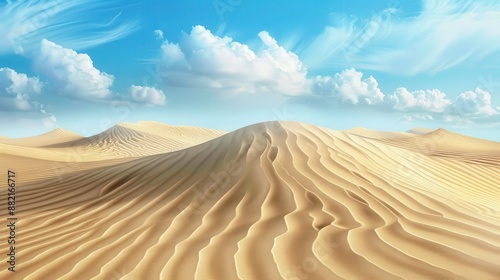 A dramatic desert landscape with towering sand dunes and a clear blue sky. The wind creates ripples in the sand, and the heat creates a shimmering mirage in the distance