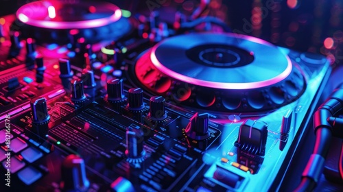 DJ Mixer Close Up with Neon Lights