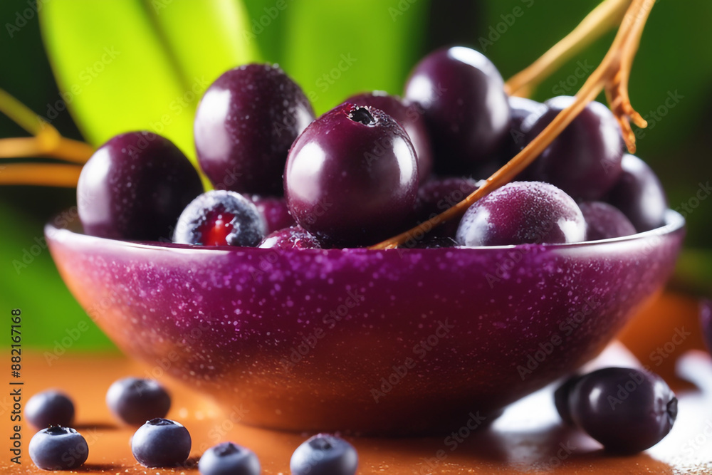 Fototapeta premium close up on splashed acai with colored berry fruit in colored background ,berry consept
