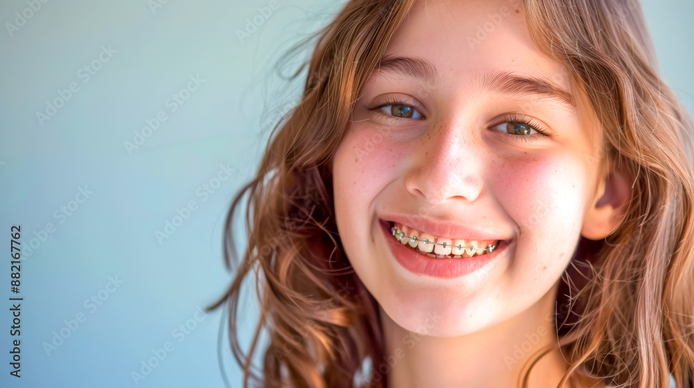 Smiling teen girl with braces showing teeth Smiling teen girl with braces showing teeth