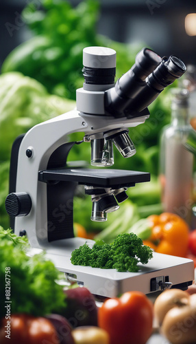 A laboratory microscope set against the background of fresh vegetables depicting food quality testin photo