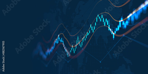 forex financial chart with uptrend line graph and world map on blue color background