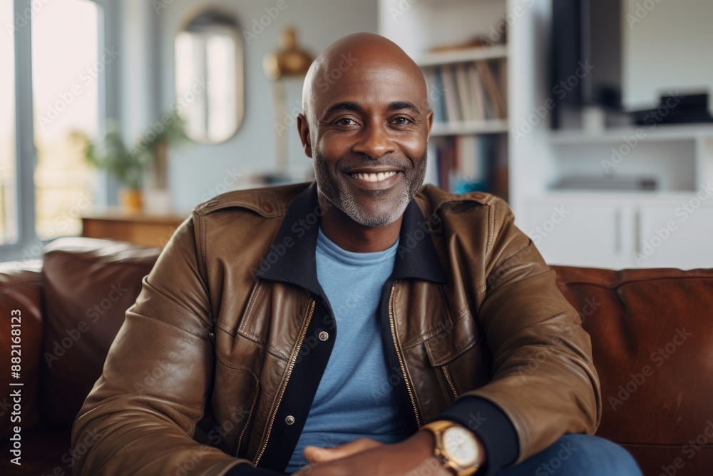 Portrait of a smiling man in his 50s sporting a stylish varsity jacket while standing against crisp minimalistic living room Portrait of a smiling man in his 50s sporting a stylish varsity jacket while standing against crisp minimalistic living room