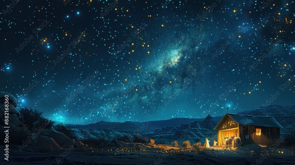 The Nativity Scene at Night with Celestial Glow