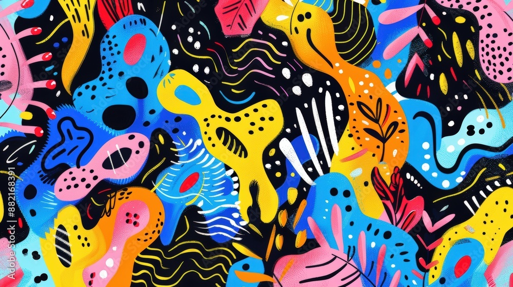 A fun and quirky pattern with abstract shapes and squiggles in bright, neon colors. The playful design is full of movement and creativity A fun and quirky pattern with abstract shapes and squiggles in bright, neon colors. The playful design is full of movement and creativity