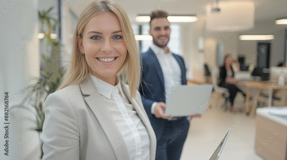 Professional business team with laptop in modern office setting, shallow depth of field Professional business team with laptop in modern office setting, shallow depth of field