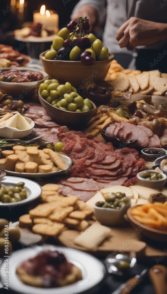 A table full of food including crackers olives cheese and meat The table is set for a party or gathe A table full of food including crackers olives cheese and meat The table is set for a party or gathe