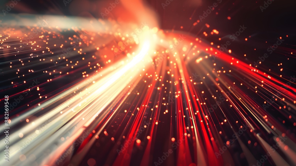 Obraz premium Abstract background with diffused tracks of bright red and white rays against dark blurred surface