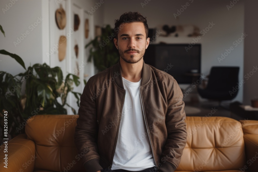 Portrait of a tender man in his 20s wearing a trendy bomber jacket while standing against crisp minimalistic living room Portrait of a tender man in his 20s wearing a trendy bomber jacket while standing against crisp minimalistic living room