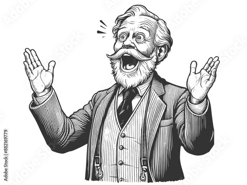 surprised elderly man with a mustache and bow tie, astonished expression sketch engraving generative ai fictional character vector illustration. Scratch board imitation. Black and white image.