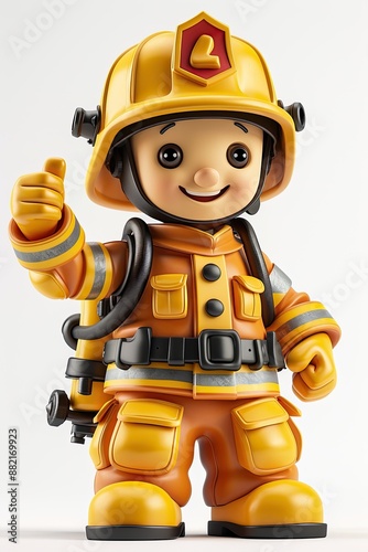 Cute cartoon firefighter in protective gear giving thumbs up photo