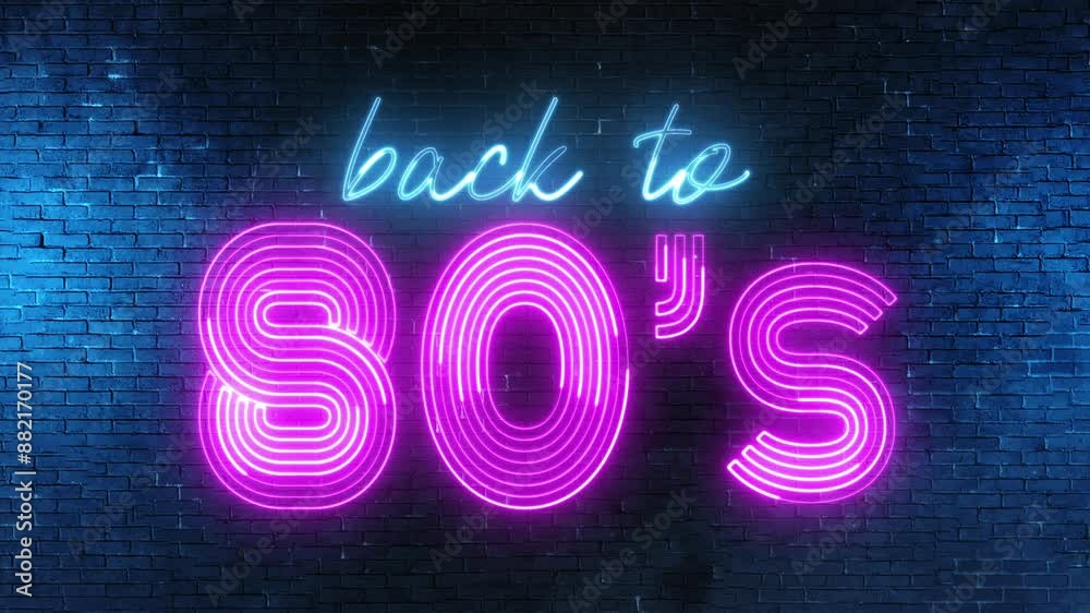 Back to 80's text font with neon light. Luminous and shimmering haze inside the letters of the text Back to 80s. 