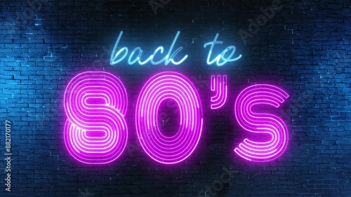Back to 80's text font with neon light. Luminous and shimmering haze inside the letters of the text Back to 80s. 