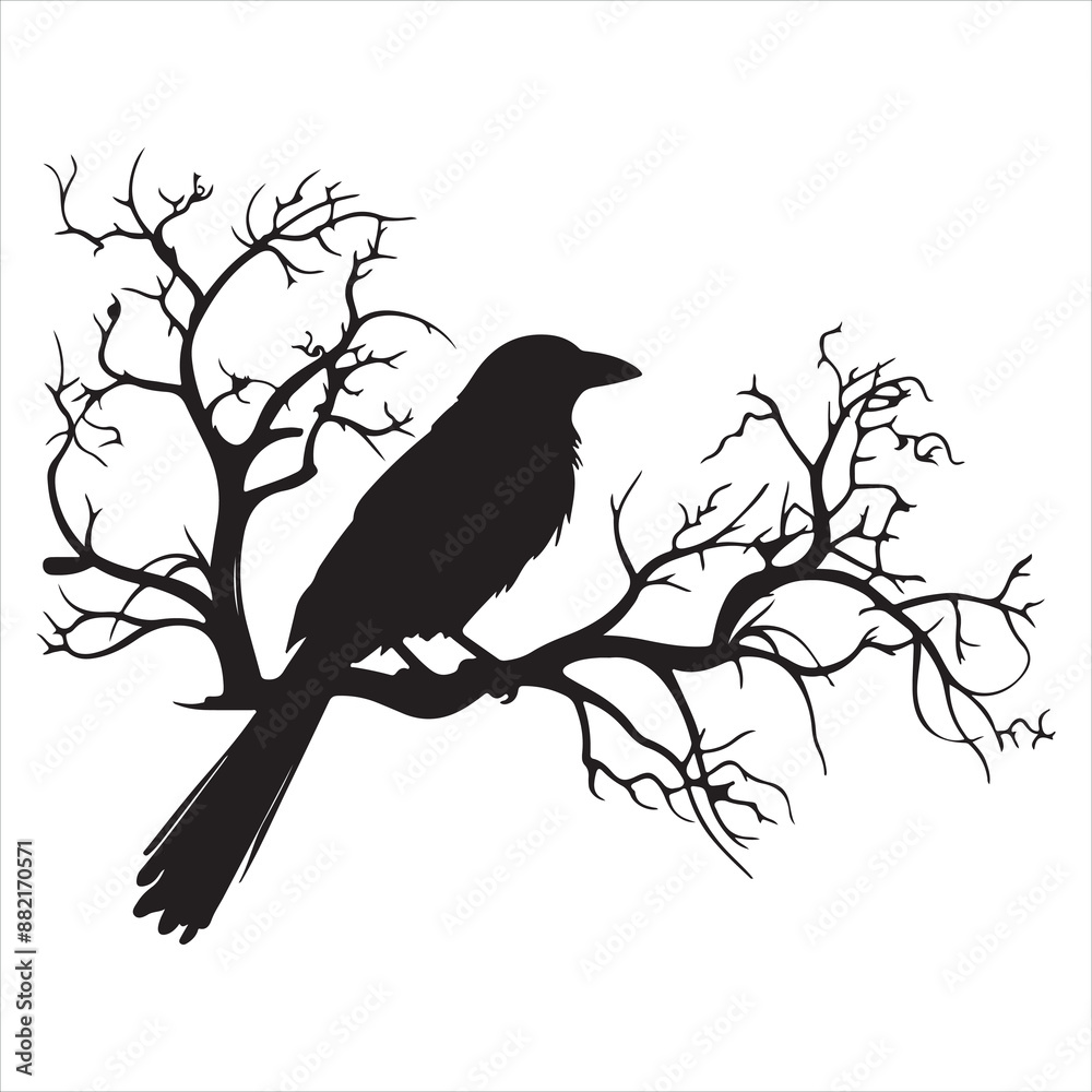 Ominous raven sitting on a bare tree branch silhouette white background
Ominous raven sitting on a bare tree branch silhouette white background