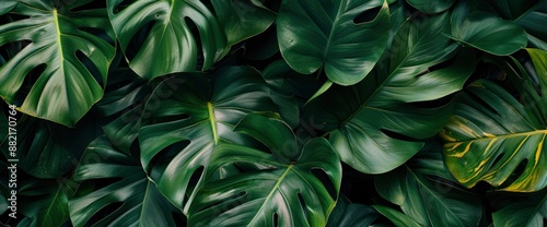 Dark green leaves of monstera plant or split leaf philodendron, creating a lush and tropical foliage background
