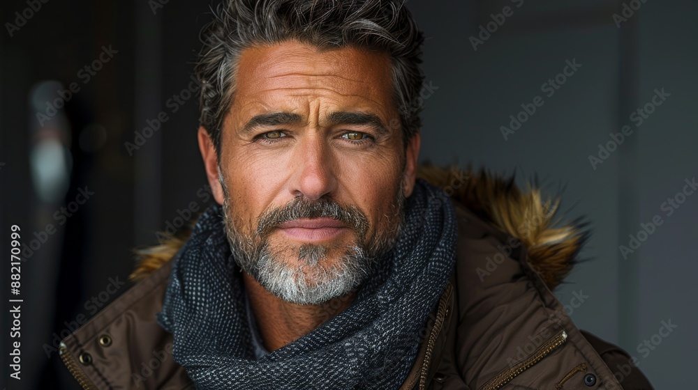 A mature man with a contemplative expression, wearing a warm jacket and a scarf, in a casual indoor setting A mature man with a contemplative expression, wearing a warm jacket and a scarf, in a casual indoor setting
