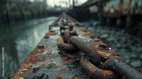 An industrial scene featuring a long, rusted chain stretching along a weathered, metallic surface beside a calm, reflective waterway surrounded by industrial structures photo