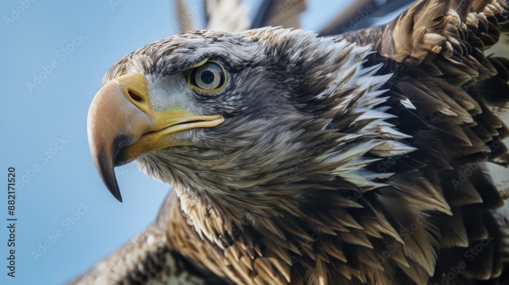 Fototapeta premium Close-up of a majestic eagle with striking yellow beak and piercing eyes, showcasing intricate feather details against a blue sky.