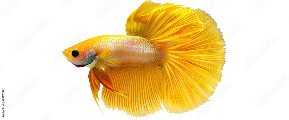 Fototapeta premium Detail of yellow betta fish or Siamese fighting fish isolated on a white background, showcasing vibrant and intricate natural beauty