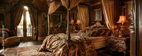 Lavish bedroom with a canopy bed and rich fabrics.