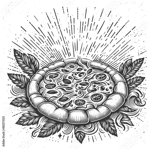 pizza with various toppings and basil leaves, radiating flavor and artistry sketch engraving generative ai vector illustration. Scratch board imitation. Black and white image.