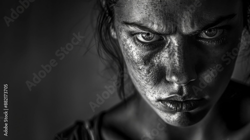 Young woman with freckles showing anger expression