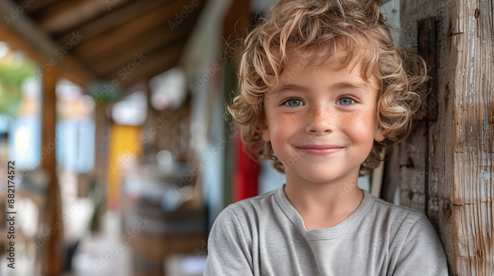 Blonde curly-haired boy with blue eyes and freckles smiling at camera, leaning against wooden post in rustic setting. Concept of childhood innocence, happiness, and rural living. Blonde curly-haired boy with blue eyes and freckles smiling at camera, leaning against wooden post in rustic setting. Concept of childhood innocence, happiness, and rural living.