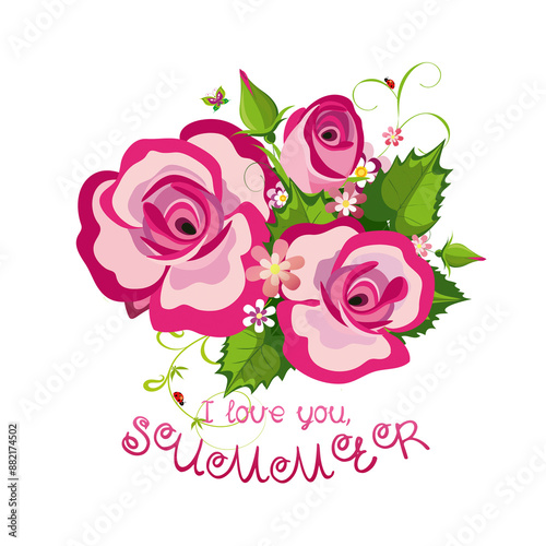 Summer background with pink roses and colorful butterflies .