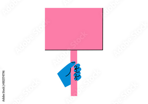 Hand drawn cute cartoon illustration hand with blank strike banner. Flat vector arm holding sign board sticker in doodle style. News alert icon. Communication speaker. Social protest. Isolated.