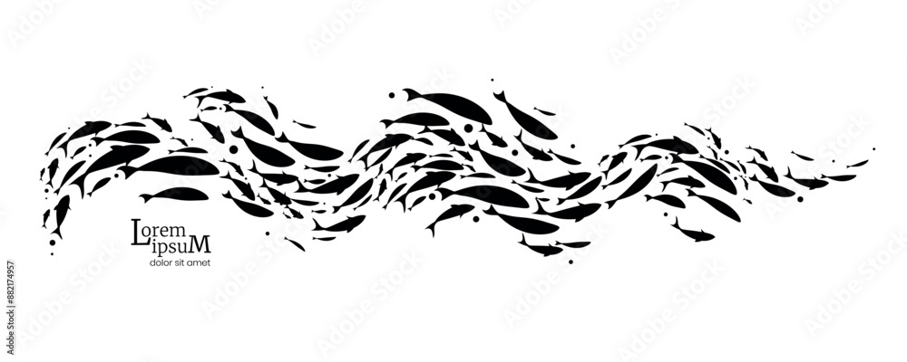 Fototapeta premium Large flock of fish. Silhouettes of swimming sea fish. Vector illustration.