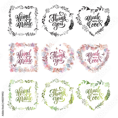Large floral frames set with herbs, lettering inscriptions Hand Made, Thank You, Made with Love. Design elements for invitation, poster, sticker, greeting card. Vector illustration.