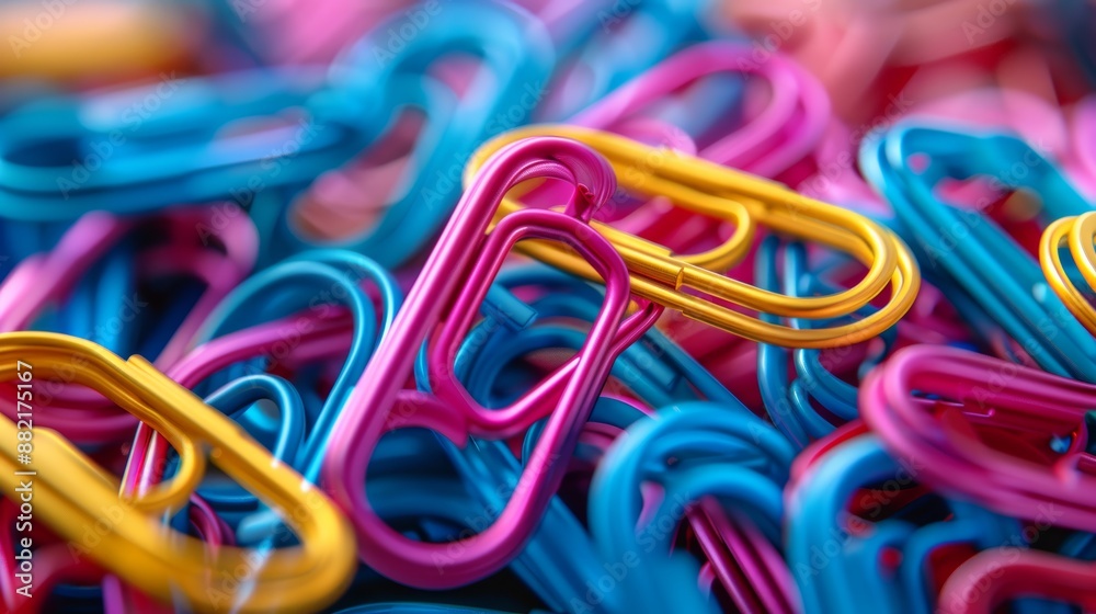 A vibrant close-up image showcasing a colorful pile of intertwined paper clips in vivid shades of pink, blue, and yellow, creating an engaging and eye-catching visual A vibrant close-up image showcasing a colorful pile of intertwined paper clips in vivid shades of pink, blue, and yellow, creating an engaging and eye-catching visual