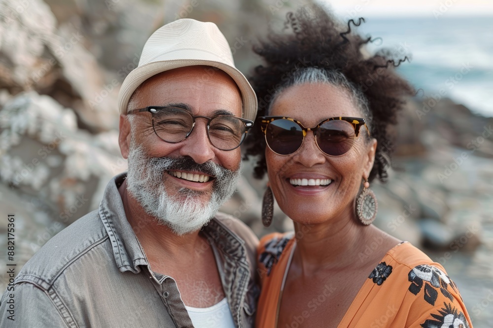 Portrait of a grinning mixed race couple in their 50s wearing a trendy sunglasses on rocky shoreline background Portrait of a grinning mixed race couple in their 50s wearing a trendy sunglasses on rocky shoreline background