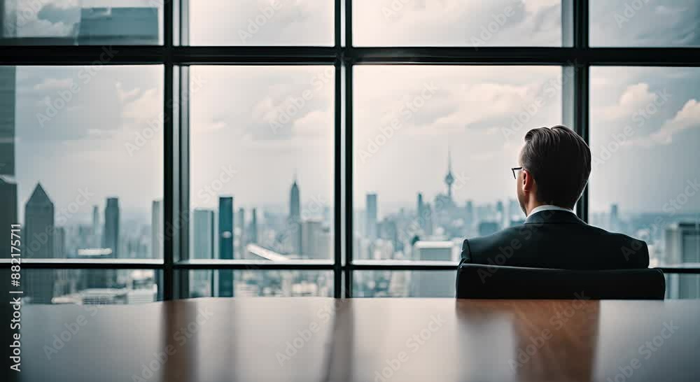 Real estate manager sitting in front of the window with megapolys building cityscape for sale, rent or mortgage with copyspace
