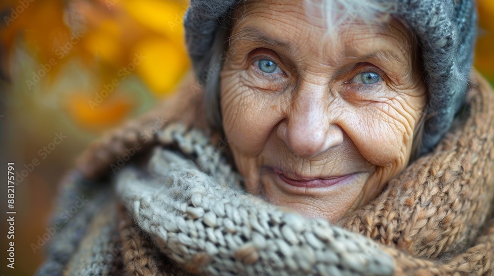 Elderly Woman Smiling in Autumn With Knitted Scarf and Hat Elderly Woman Smiling in Autumn With Knitted Scarf and Hat