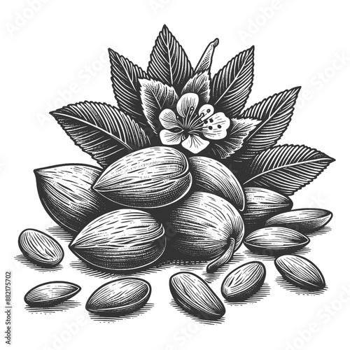 almonds surrounded by leaves and a blossom, showcasing detailed textures and natural elements sketch engraving generative ai vector illustration. Scratch board imitation. Black and white image.