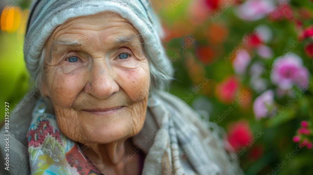 Elderly Woman Smiling in a Garden on a Sunny Day