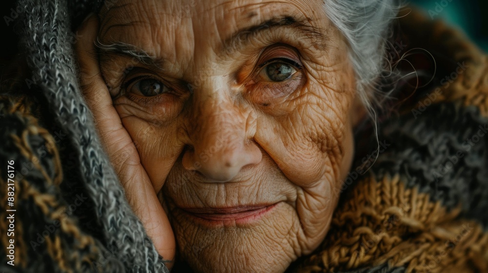 Close-Up Portrait of an Elderly Woman With Wrinkles and Grey Hair
