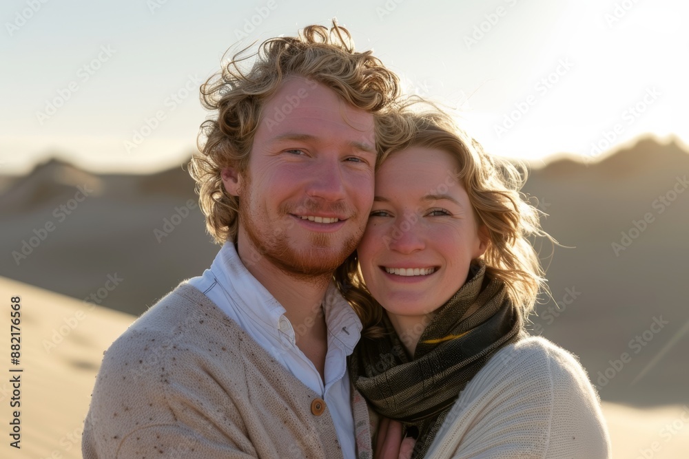 Obraz premium Portrait of a smiling couple in their 20s showing off a thermal merino wool top in serene dune landscape background