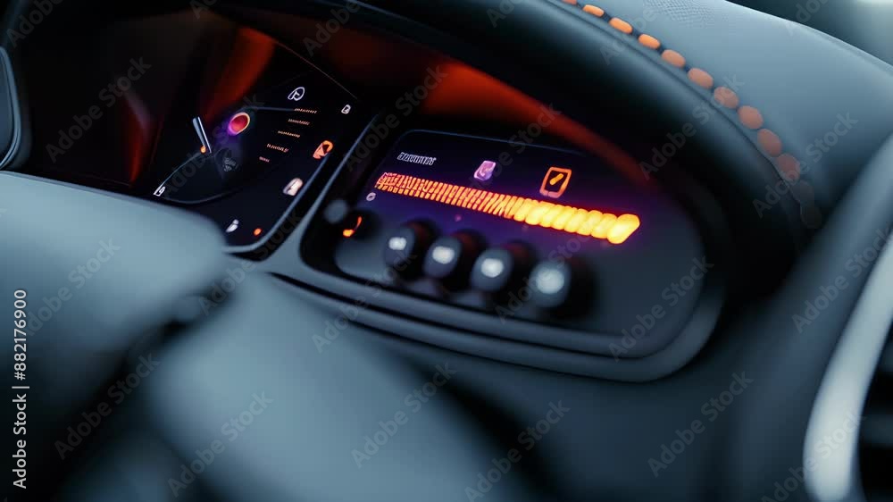 An extreme closeup of the parking brake indicator light on the dashboard indicating whether the brake is engaged or not. An extreme closeup of the parking brake indicator light on the dashboard indicating whether the brake is engaged or not.