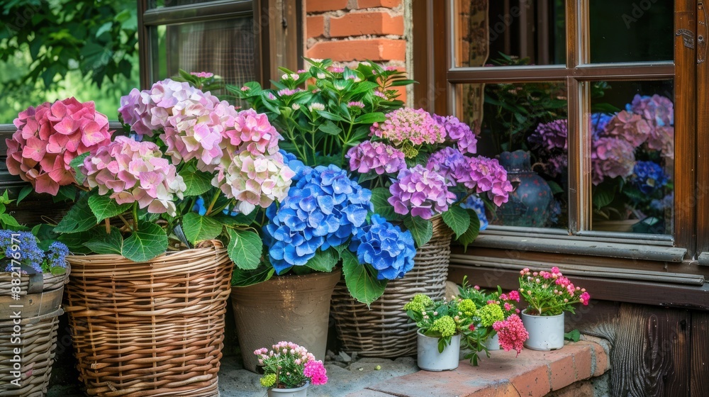 Garden with plants growing in pots at home Flowers on veranda Blooming garden with hortensia in basket Garden with plants growing in pots at home Flowers on veranda Blooming garden with hortensia in basket