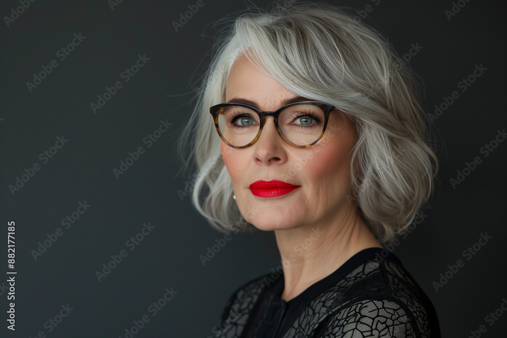 Senior Woman With Gray Hair And Black Glasses: Gentle Smile Captured Against Dark Background In Portrait Photography Senior Woman With Gray Hair And Black Glasses: Gentle Smile Captured Against Dark Background In Portrait Photography