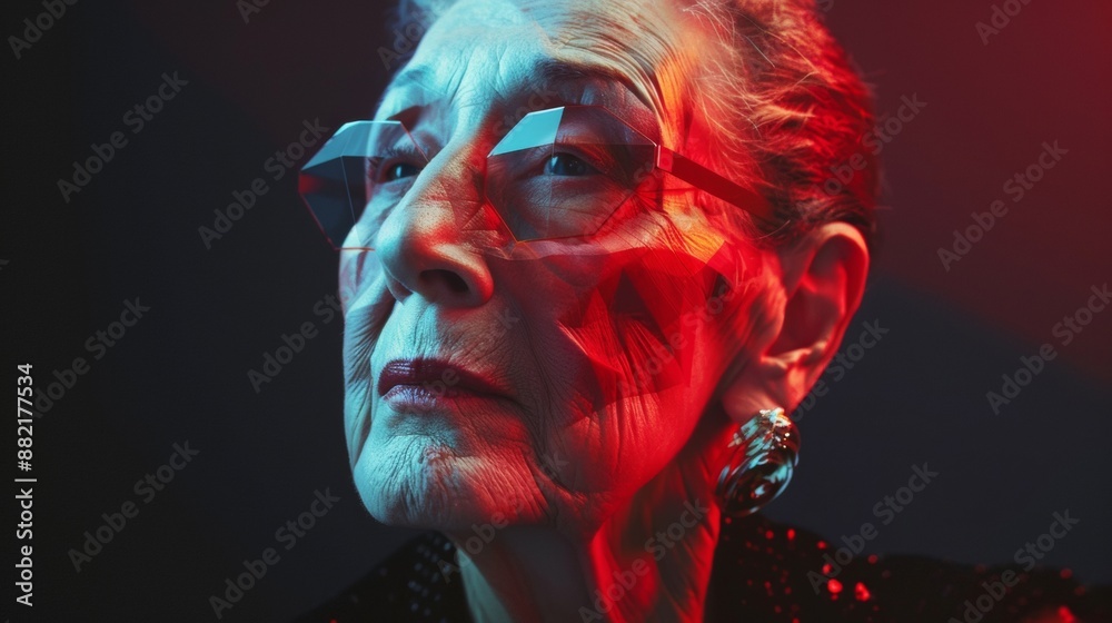 Close Up Portrait of an Elderly Woman With Glasses and Red and Blue Lighting