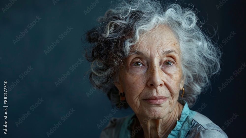 Close Up Portrait of a Senior Woman With Gray Curly Hair Against a Blue Background Close Up Portrait of a Senior Woman With Gray Curly Hair Against a Blue Background