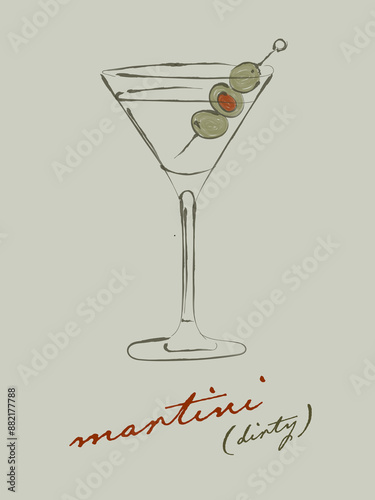 Dirty martini line illustration, wall art, digital drawing, bar poster, wall decor