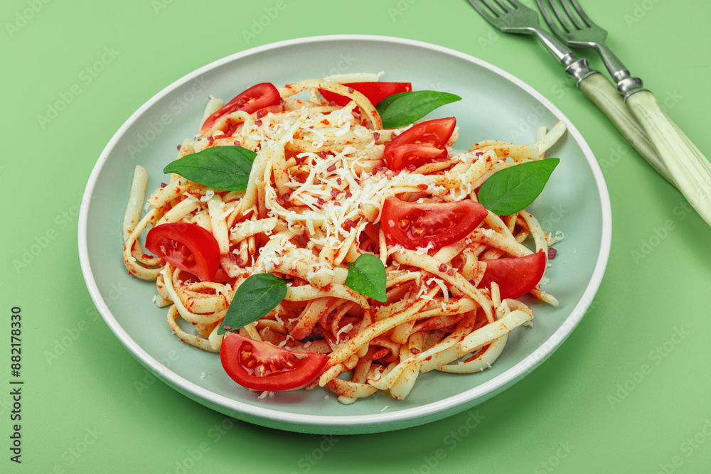 Plant based pasta with tomato sauce, herbs and cheese. Ready to eat healthy vegan food Plant based pasta with tomato sauce, herbs and cheese. Ready to eat healthy vegan food