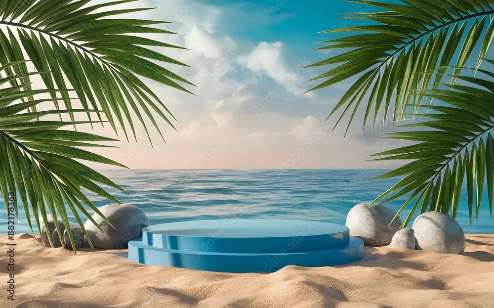 Sunny Beach Podium Display: A sleek white podium standing on golden sand with the ocean waves gently crashing in the background, under a bright, sunny sky.