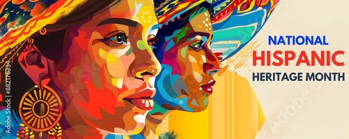 National Hispanic Heritage Month with text celebrating Spanish American achievements, web banner poster for social media