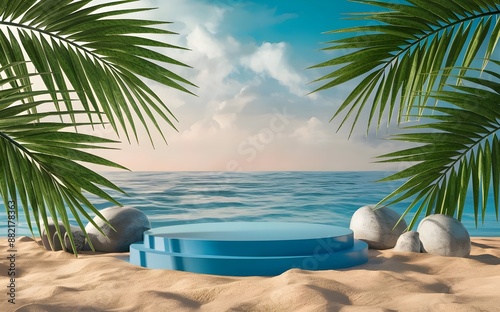 Obraz na płótnie Sunny Beach Podium Display: A sleek white podium standing on golden sand with the ocean waves gently crashing in the background, under a bright, sunny sky. w salonie
