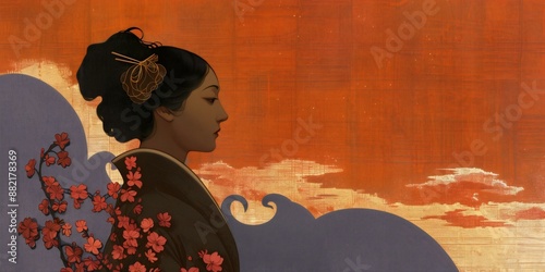 Abstract banner of Japanese Asian girl wearing kimono, background for Asian American and Pacific Islander Heritage Month AAPI, copy space